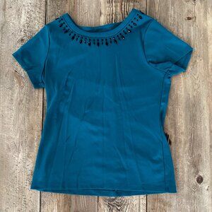 The Limited Blue Short Sleeved Top with Jewel Embellished Neck Women's Small